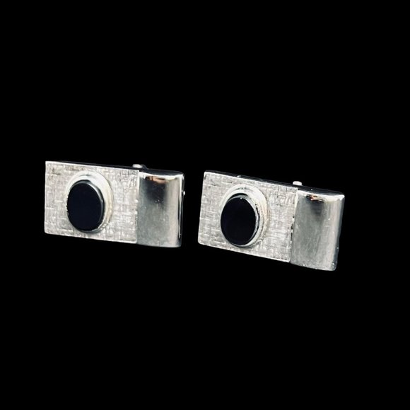 Vintage Sarah Coventry Silver Tone And Black Cufflinks & Tie Bar Set (4673) - Picture 2 of 7